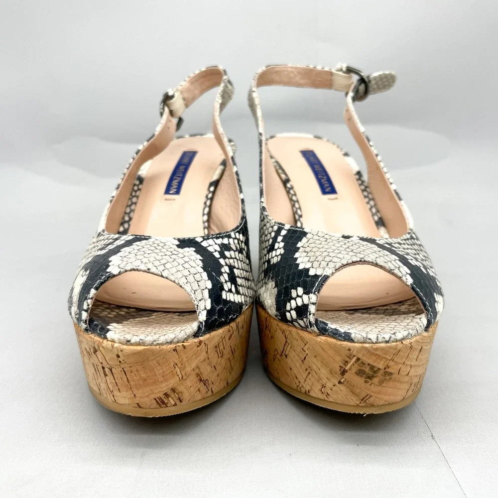 Stuart Weitzman Womens 6.5 Jean Sandals SnakePrint Cork Wedge Platform Slingback - Picture 2 of 11